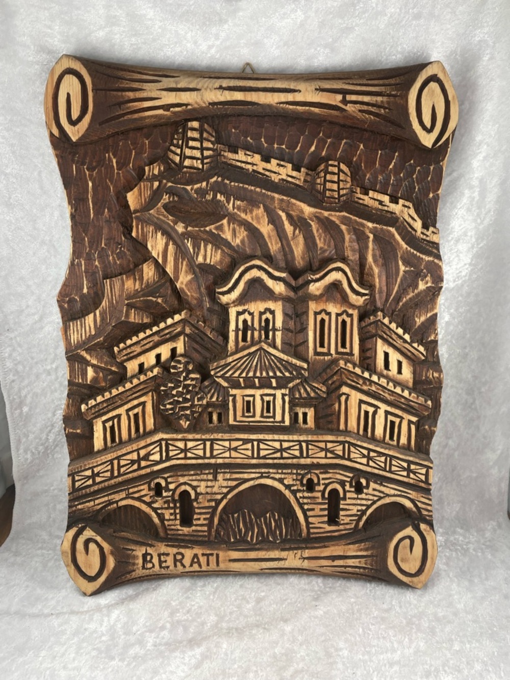 Vintage Hand-Carved Berati Albania Wood Wall Plaque